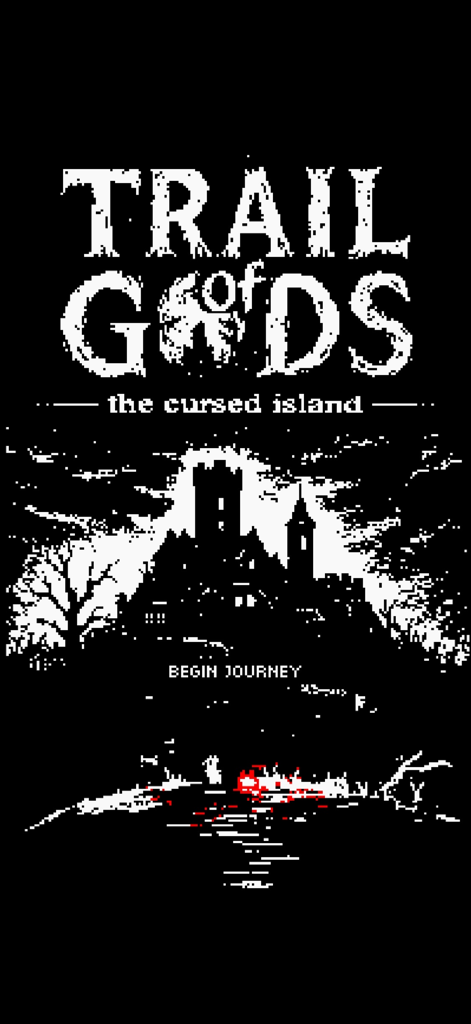 Trail of Gods - 1-bit pixel art title screen for Trail of Gods The Cursed Island showing a dark castle silhouette