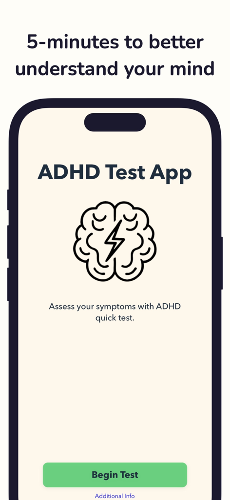 ADHD Test App - Écran d'accueil de l'application Test TDAH présentant une illustration du cerveau et un bouton pour commencer une évaluation des symptômes de cinq minutes