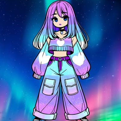 cute girl with straight hair in baggy jeans and a crop top and a sweater