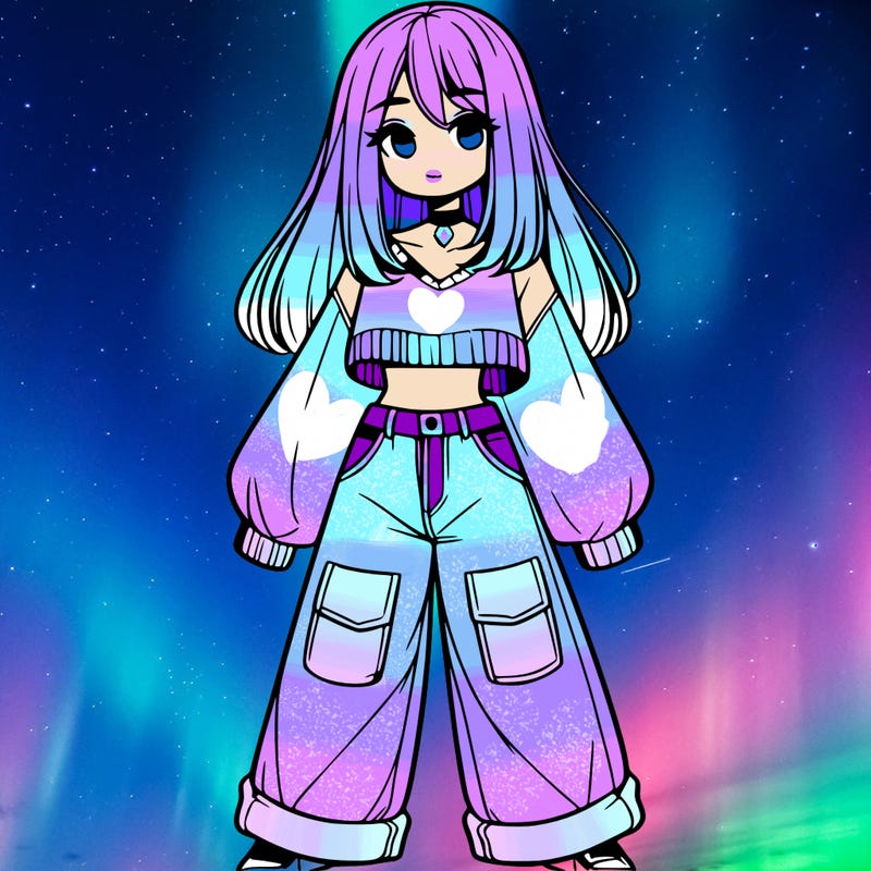 cute girl with straight hair in baggy jeans and a crop top and a sweater