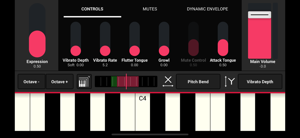SWAM Tuba Eb - Interface do aplicativo SWAM Tuba Eb com controles de expressão, vibrato e flutter tongue e um teclado de piano.