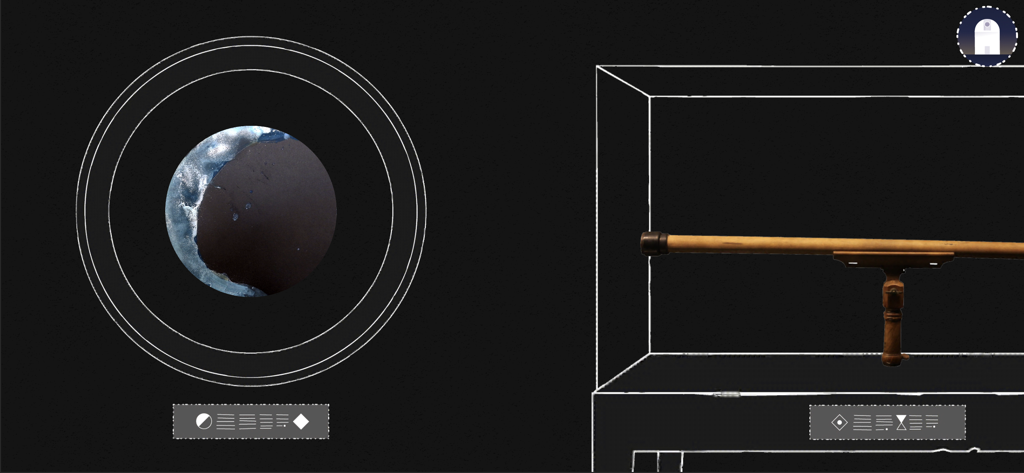 myUniverse - a cosmic journey - A digital screen showing a telescope and a circular view of a planetary surface in the myUniverse app.