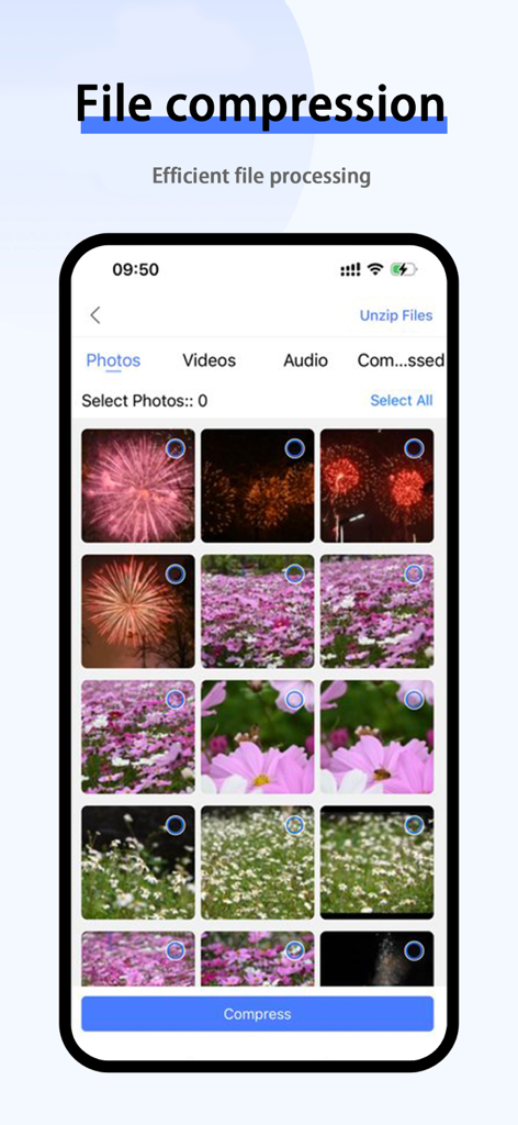 Transfer-send large files - 写真と動画のファイル圧縮を表示する転送アプリのインターフェース