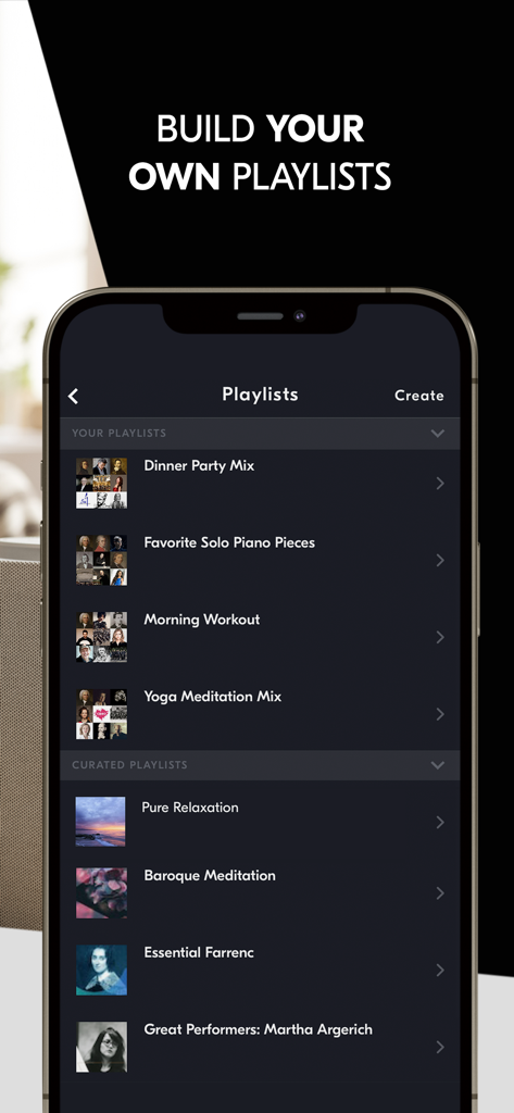 IDAGIO Stream Classical Music - A smartphone displaying the IDAGIO app interface for building and browsing personal and curated classical music playlists.