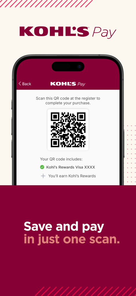 Smartphone affichant le code QR Kohl's Pay pour un paiement rapide et sans contact en magasin