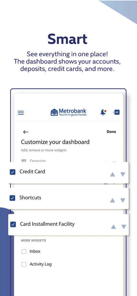 Metrobank App - Captura de pantalla de la interfaz de la App Metrobank mostrando cómo personalizar el panel con varios widgets bancarios