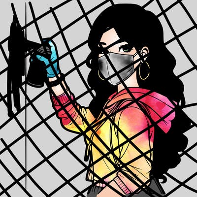 realistic girl with mask spray painting a wall