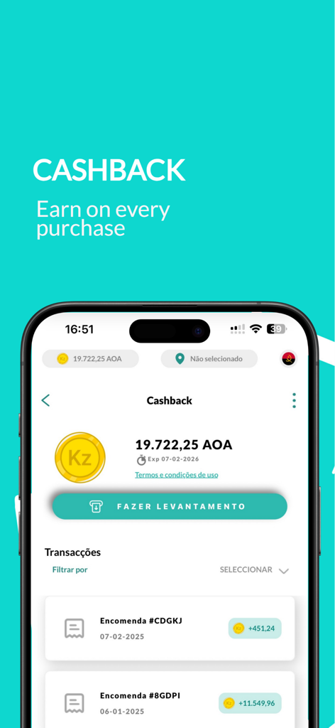 Appy Saúde - Interface da aplicação Appy Saúde a mostrar prémios de cashback acumulados e histórico de transações.