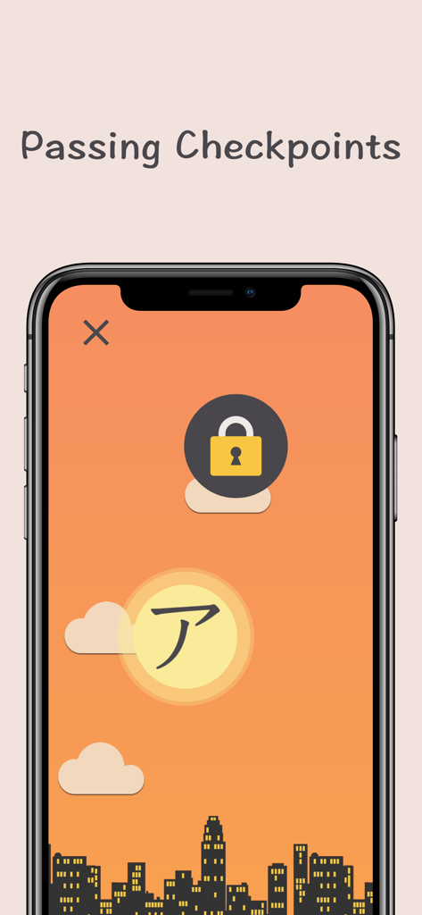 Ein mobiler Bildschirm, der den gamifizierten Lernpfad für Katakana mit Checkpoints und Zeichenstufen anzeigt.