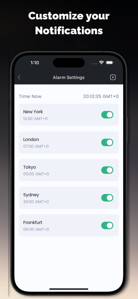 Paramètres de notification personnalisables pour les sessions de marché Forex mondiales montrant les interrupteurs d'alarme pour New York, Londres et Tokyo