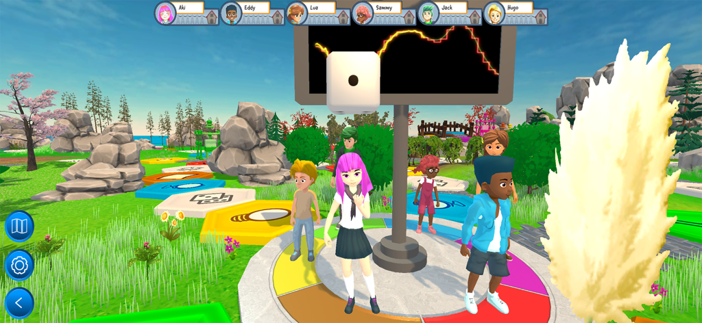 entreREDes - 3D animated characters on a colorful hexagonal board game path in the entreREDes educational app