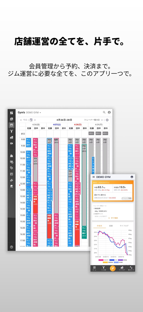 Gym's パーソナルジムやフィットネスジムの顧客管理 - 週ごとの予定表と顧客のフィットネス進捗チャートを示すジム管理アプリ