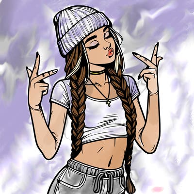 realistic teenage girl with braids and a beanie and crop top doing 🫶🏼