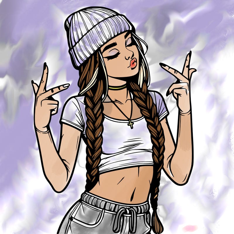 realistic teenage girl with braids and a beanie and crop top doing 🫶🏼