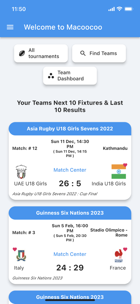 Pantalla de inicio de la aplicación Macoocoo que muestra los resultados de los partidos del torneo de rugby y los próximos encuentros