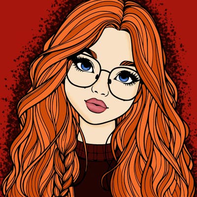 girl with long hair and freckles and glasses realistic