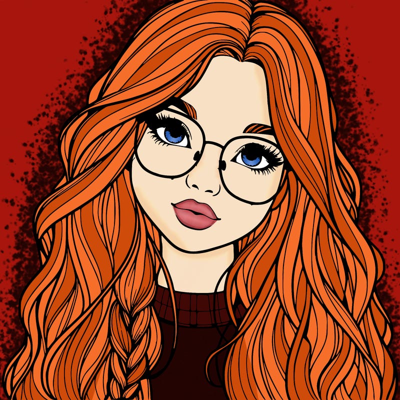 girl with long hair and freckles and glasses realistic