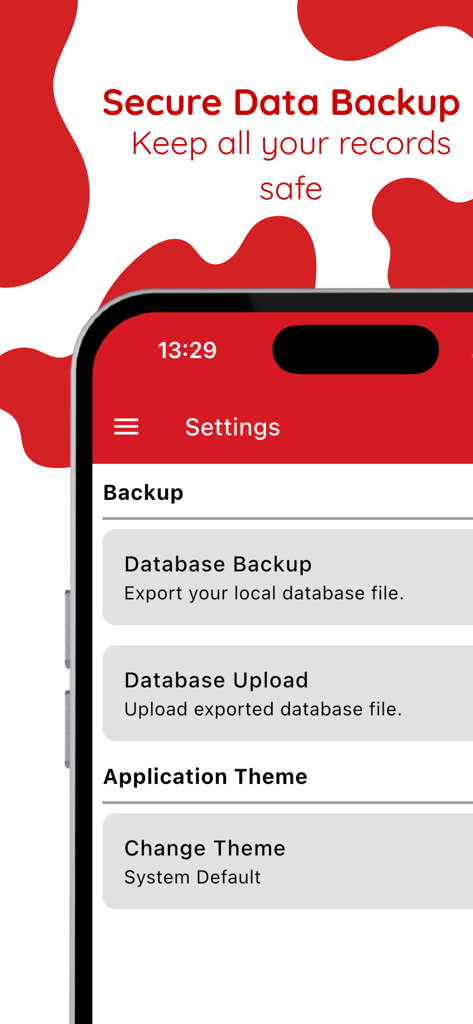 vantage MRIS - vantage MRIS app settings screen showing secure data backup options