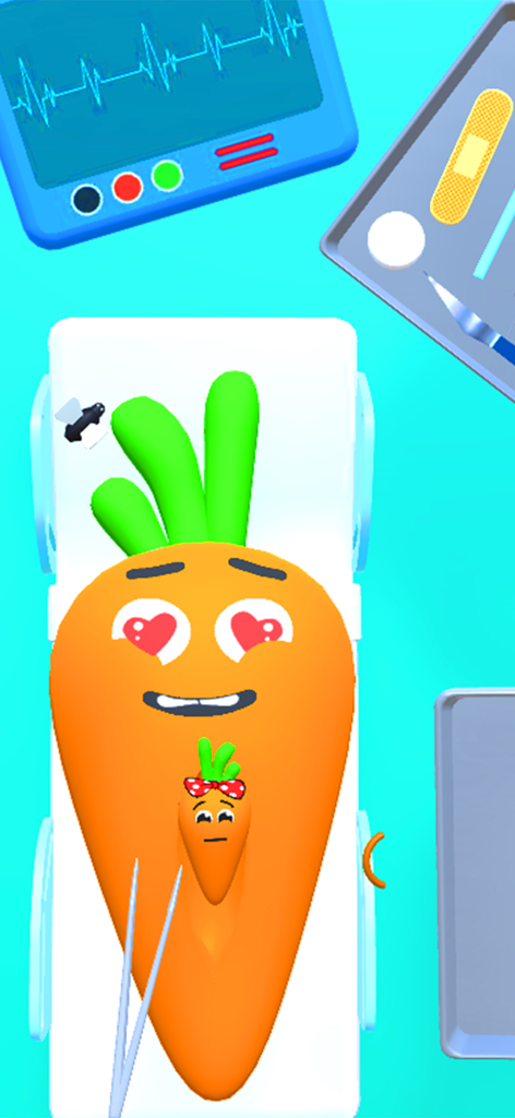 Fruit Doctor 3D: Fruit Clinic - Fruit surgeon performing surgery on a cartoon carrot in Fruit Doctor 3D