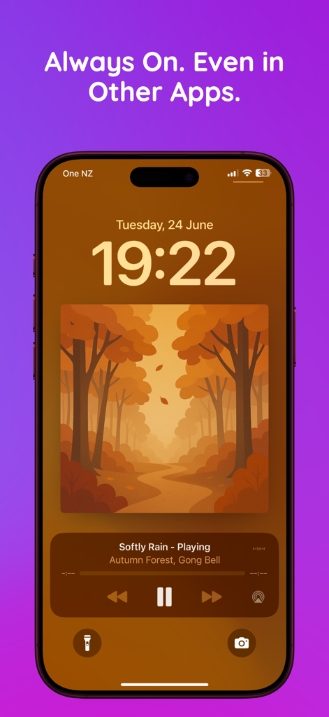 Softly: Sleep & Relax Sounds - iPhone lock screen showing the Softly app playing ambient sounds in the background with an autumn forest visual