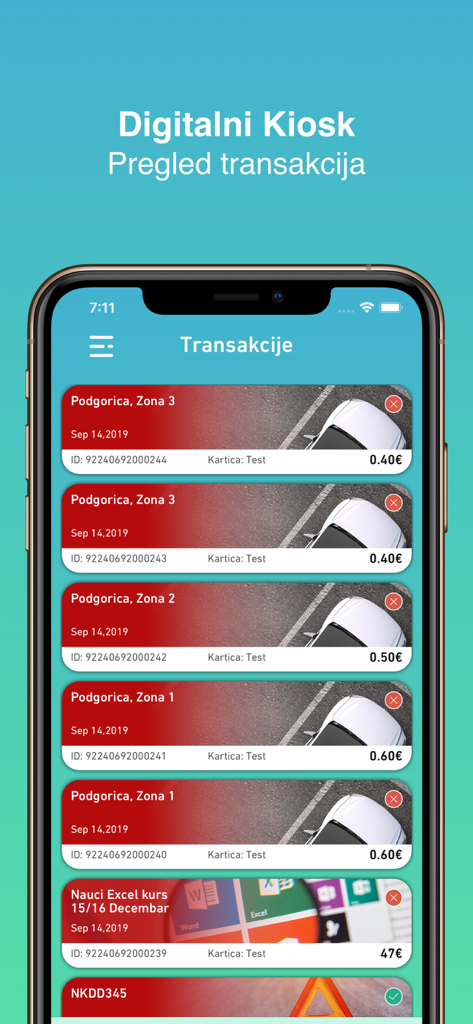 Digitalni Kiosk mobile app transaction history screen showing payments for parking in Podgorica and other digital services.