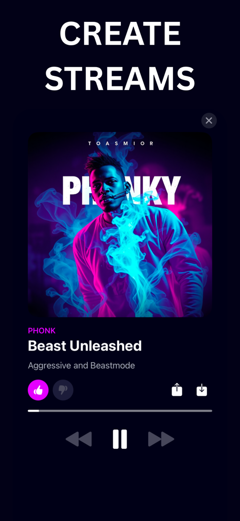 Phonk Maker - Phonky - Pantalla del reproductor de música móvil en la aplicación Phonk Maker con un tema generado por IA y arte de portada de neón