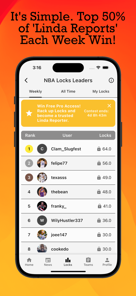 The Linda Report NBA locks leaderboard showing user rankings for sports predictions