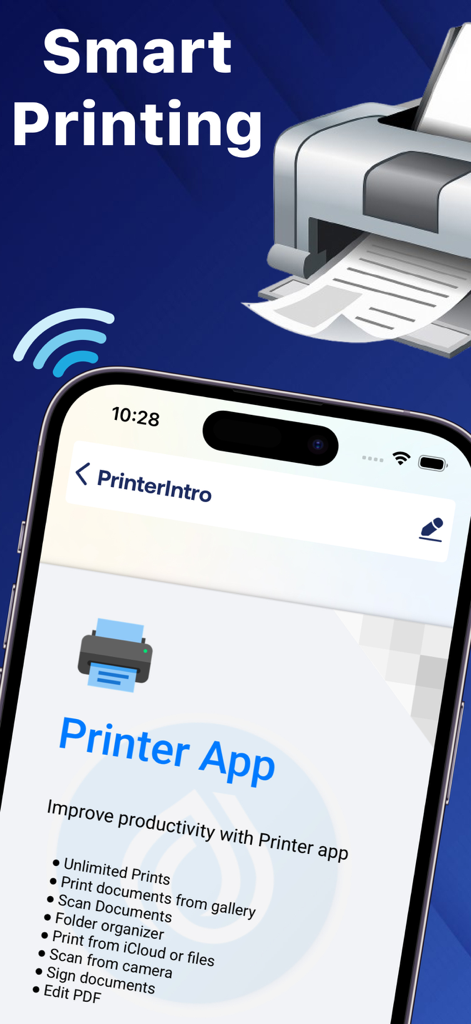 Printer App:Smart Print & Scan - Écran d'iPhone affichant l'interface de Printer App avec une liste de fonctionnalités telles que la numérisation et la signature de documents sous un titre d'impression intelligente