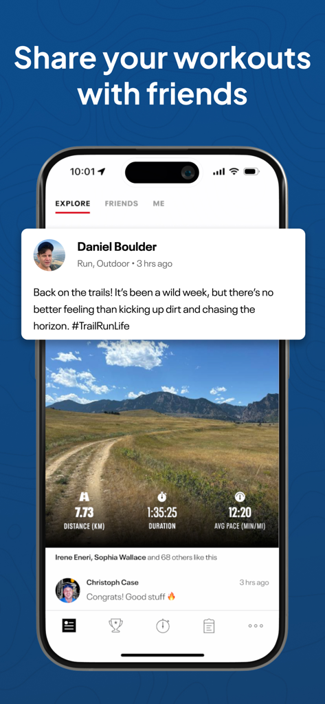 Map My Fitness app social feed showing a shared trail run with activity statistics and friend comments