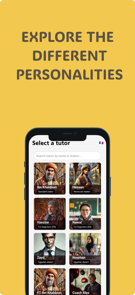 Nawa: Learn Arabic - Una pantalla móvil que muestra una selección de tutores de árabe con IA con diferentes personalidades y dialectos como el egipcio y el marroquí