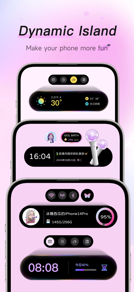 Design estetici di widget per l'Isola Dinamica di iPhone con icone di fandom e di sistema
