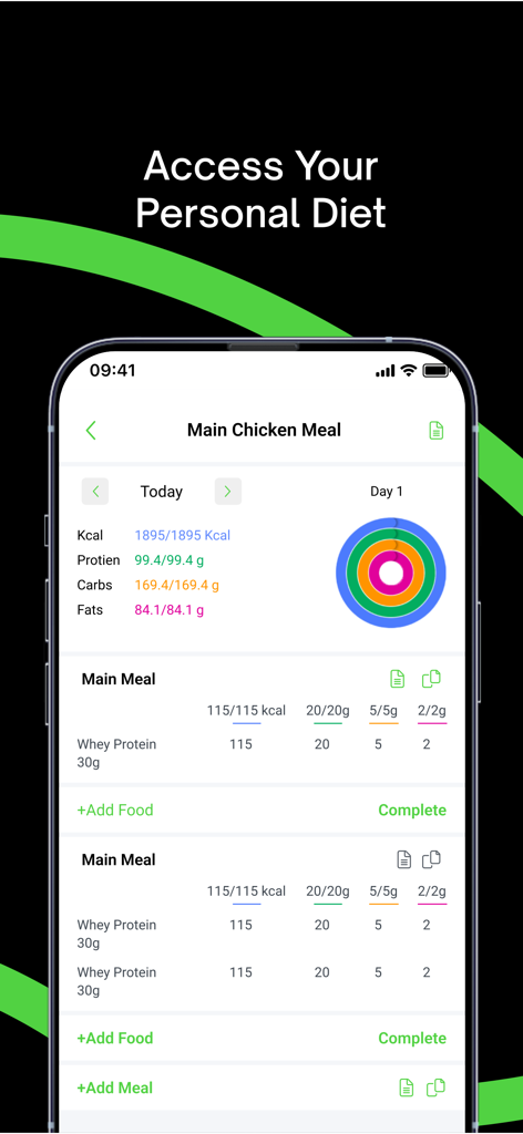 Sama Fit‎ - Sama Fit mobile app interface showing a personalized diet plan and macronutrient tracking.