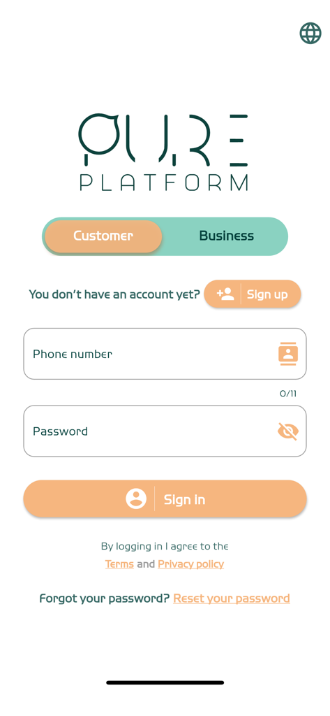 Pure Platform - Pure Platform login screen for customer and business accounts