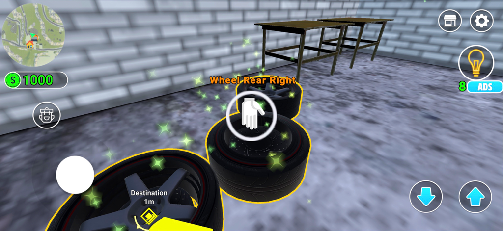 Car Repair Center 3D - Gameplay scene from Car Repair Center 3D showing car wheels being assembled in a garage