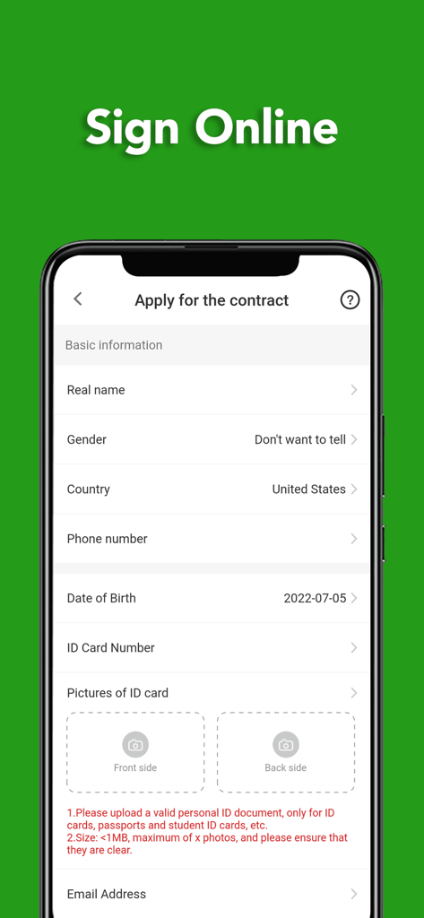 FameInk - Écran de l'application FameInk montrant le formulaire de demande de contrat pour les auteurs avec des champs pour les détails personnels et le téléchargement de la pièce d'identité.