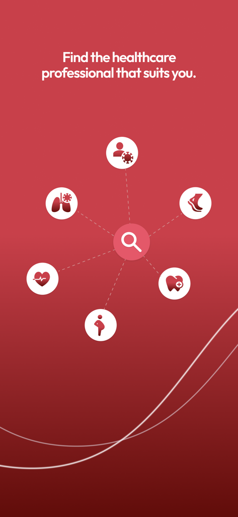 Écran de l'application Hellocare montrant les options pour rechercher et trouver divers spécialistes de la santé.