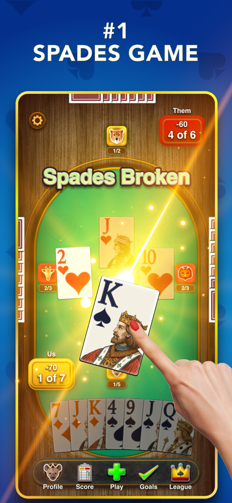 Spades the Card Game - Captura de pantalla del juego de Spades Classic Card Game mostrando una carta de Rey de Picas siendo jugada en una mesa virtual.