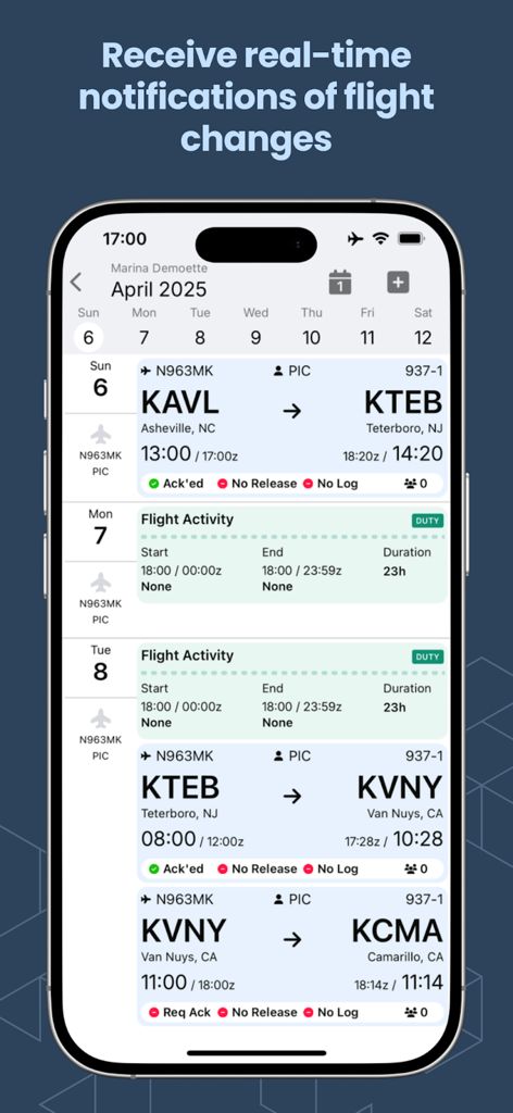 Avianis - Mobile interface of Avianis showing pilot flight schedules and duty activity logs.