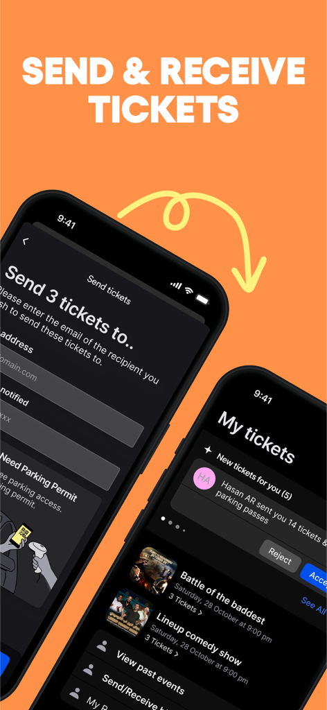 Schermate dell'app mobile di Webook che dimostrano la funzionalità di invio e ricezione di biglietti per eventi di intrattenimento