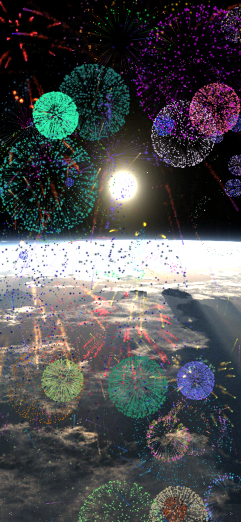 밝은 태양이 있는 우주에서 지구를 바라보는 풍경 위로 터지는 생동감 넘치는 다채로운 불꽃놀이.