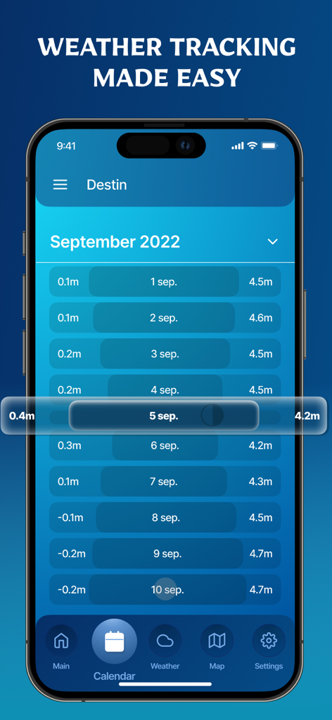 Weather Forecast & Tides Radar - Mobile app interface showing a calendar view of daily tide heights and marine weather forecasts for Destin