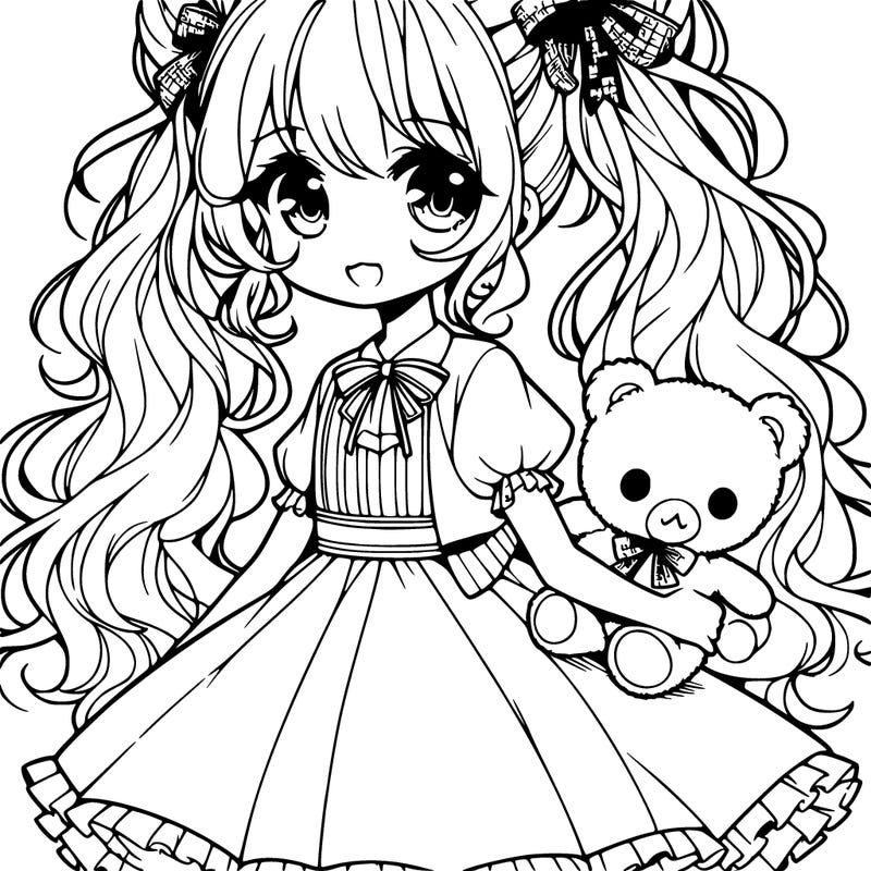 anime girl with a dress and curly pigtails holding a teddy