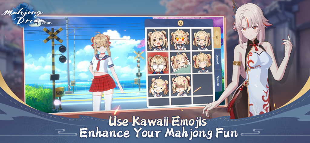 Un menú de lindas expresiones de personajes anime y emojis en el juego móvil Mahjong Dream.