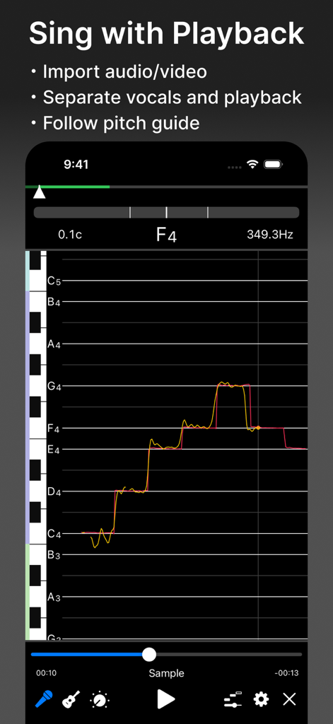 VocalTuner - VocalTuner app screenshot showing real-time pitch trace and vocal separation for singing practice