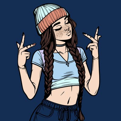 realistic teenage girl with braids and a beanie and crop top doing 🫶🏼