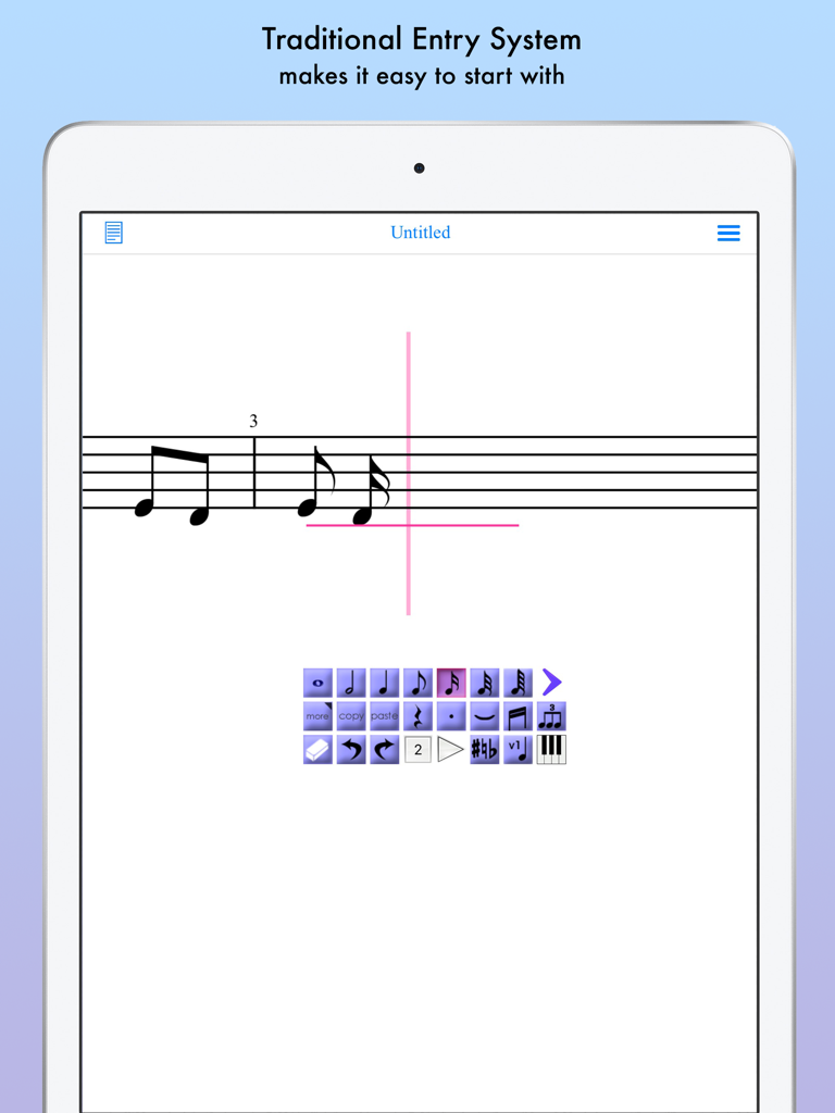 iWriteMusic Pro SE - Interfaz de iWriteMusic Pro SE que muestra el sistema de entrada tradicional para escribir música en un pentagrama digital