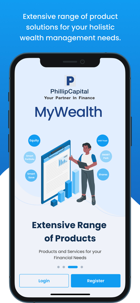 Phillip MyWealth - Welcome screen of the Phillip MyWealth app highlighting a range of holistic wealth management products
