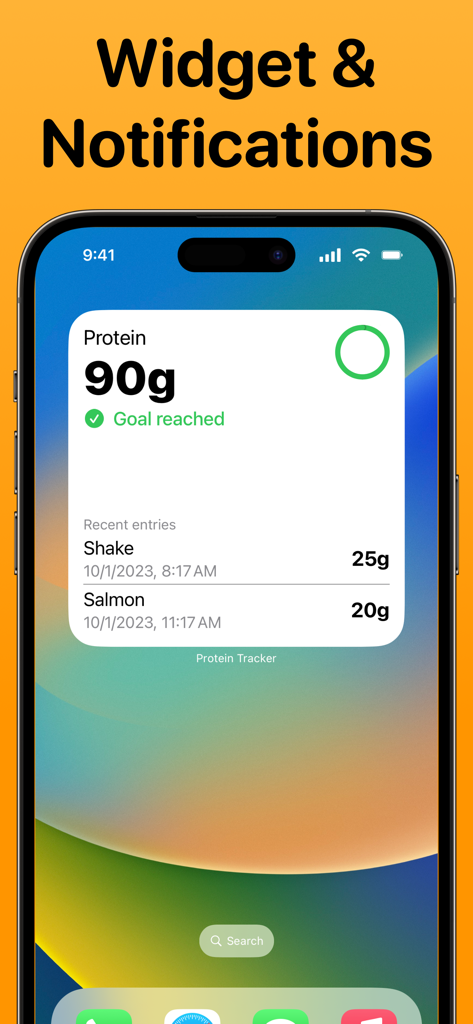 Protein Tracker. - Widget de pantalla de inicio de iPhone para Protein Tracker que muestra la ingesta diaria de proteínas y el estado de objetivo alcanzado.