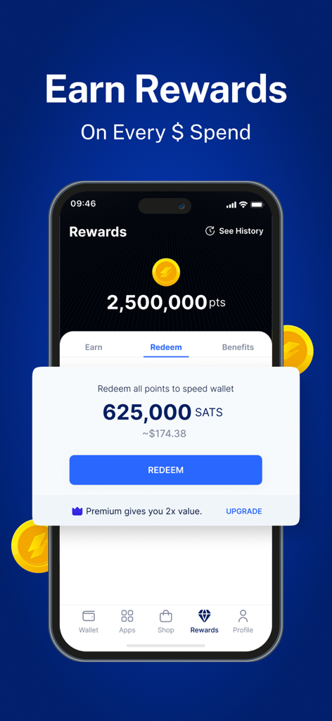Speed Wallet: Buy Bitcoin - Speed Wallet app interface showing points balance and redemption option for Bitcoin SATs