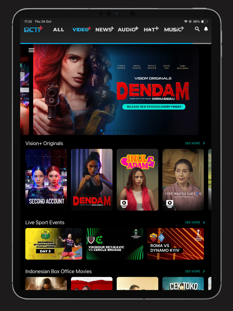 App RCTI plus su iPad che visualizza film di serie originali indonesiane ed eventi sportivi in diretta
